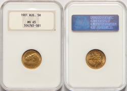 Золотая монета Николая II 5 рублей 1901 год состояние MS 65