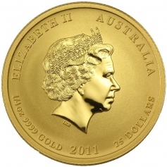 Золотая монета 25 долларов "Год Кролика" Лунный календарь, 2011 г., Австралия, Au 9999, 7,78 г.